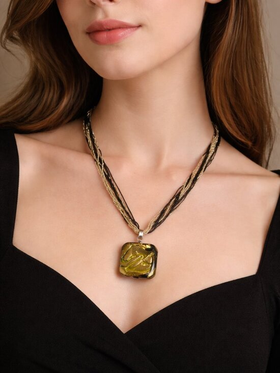 Artisan Jewelry - Black & Gold Art Glass Pendant Necklace
